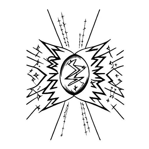 A cosmic representation of David Bowie's iconic lightning bolt with a moon and music notes intertwined tattoo design idea