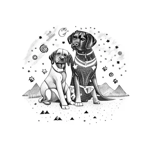 A chocolate lab cuddling with the client's family under a starry night sky in Yosemite tattoo design idea