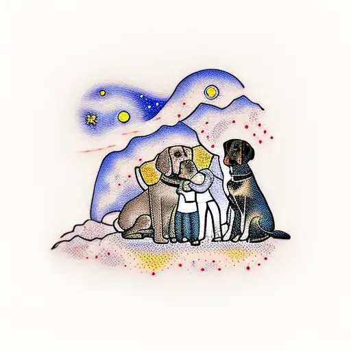A chocolate lab cuddling with the client's family under a starry night sky in Yosemite tattoo design idea