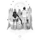 A family hiking together in Yosemite with their chocolate lab leading the way tattoo design idea