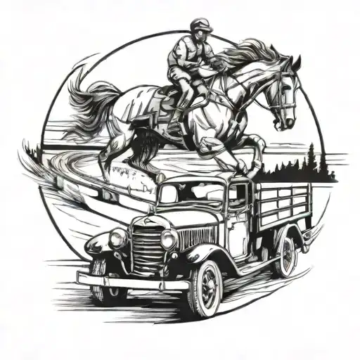 A dynamic composition featuring a horse and a dog driving a vintage truck on a lakeside race track tattoo design idea