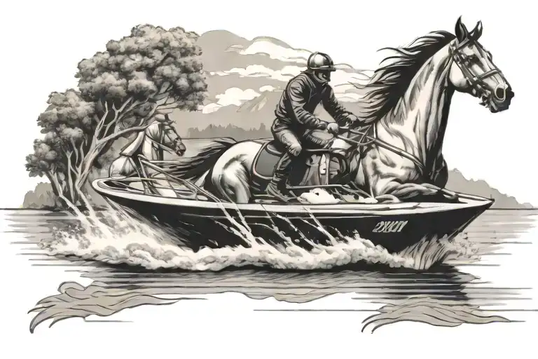 A tattoo design of a sleek speedboat racing across a tranquil lake with a horse galloping alongside on the shore tattoo design idea