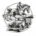 A dynamic composition featuring a horse and a dog driving a vintage truck on a lakeside race track tattoo design idea