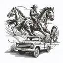 A dynamic composition featuring a horse and a dog driving a vintage truck on a lakeside race track tattoo design idea