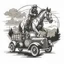 A dynamic composition featuring a horse and a dog driving a vintage truck on a lakeside race track tattoo design idea