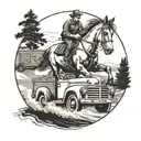 A dynamic composition featuring a horse and a dog driving a vintage truck on a lakeside race track tattoo design idea