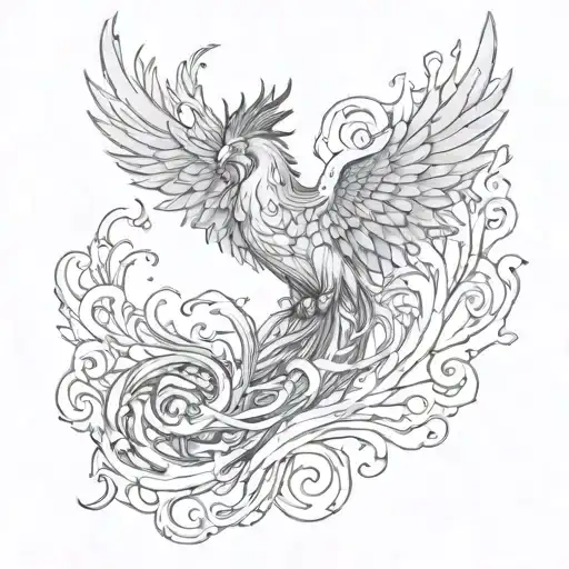 A phoenix made of black and grey flames engulfing a mother figure tattoo design idea