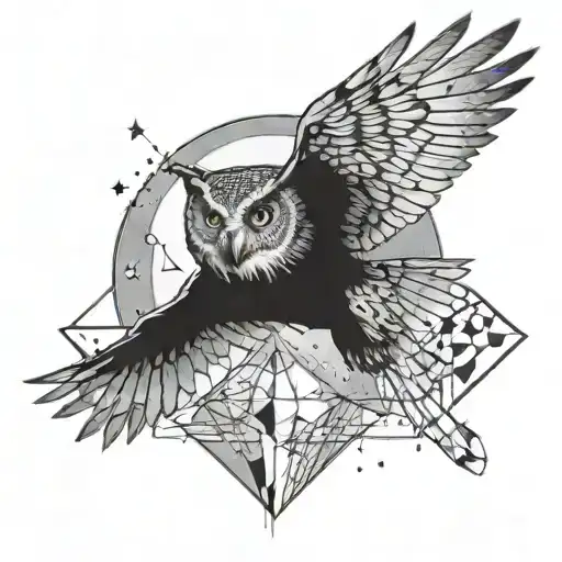 A sketch of an owl flying towards the moon, with geometric shapes trailing behind it tattoo design idea