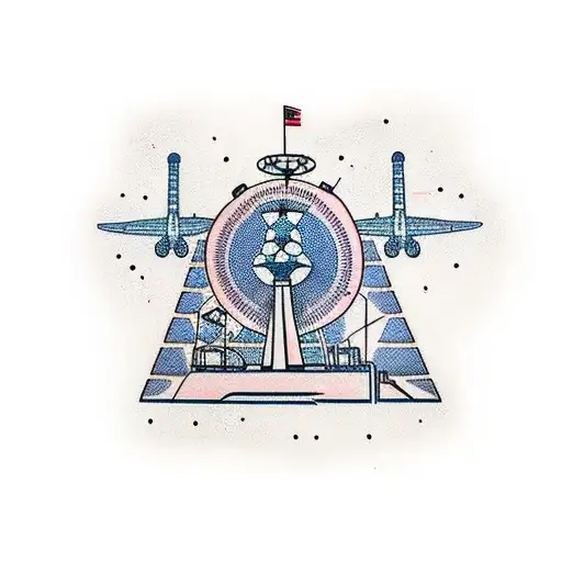 A captivating tattoo of an air traffic control radar tower with a dog sitting on top, surrounded by welding sparks tattoo design idea