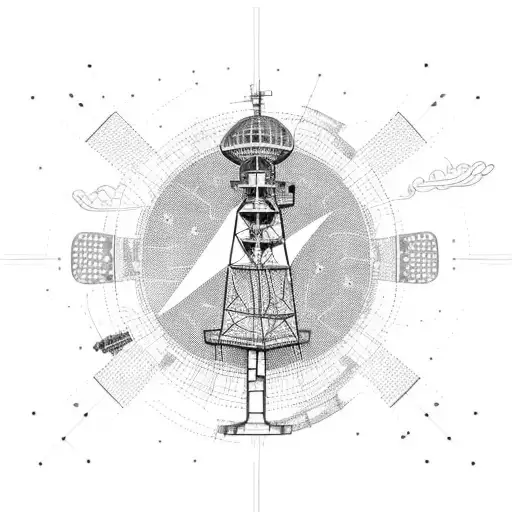 A captivating tattoo of an air traffic control radar tower with a dog sitting on top, surrounded by welding sparks tattoo design idea
