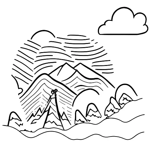 stick figure standing looking at mountain, building, waves tattoo design idea