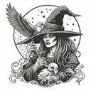 witch holding a duck with moon and stars with bat skull tattoo design idea