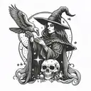 witch holding a duck with moon and stars with bat skull tattoo design idea