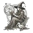 witch holding a duck with moon and stars with bat skull tattoo design idea
