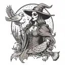 witch holding a duck with moon and stars with bat skull tattoo design idea