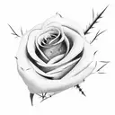 A small, black rose, on the upper arm (bicep). It has thorns. The stem is long and curved. It is pitch black. The flower tattoo design idea