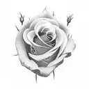 A small, black rose, on the upper arm (bicep). It has thorns. The stem is long and curved. It is pitch black. The flower tattoo design idea
