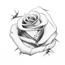 A small, black rose, on the upper arm (bicep). It has thorns. The stem is long and curved. It is pitch black. The flower tattoo design idea