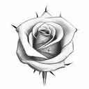 A small, black rose, on the upper arm (bicep). It has thorns. The stem is long and curved. It is pitch black. The flower tattoo design idea