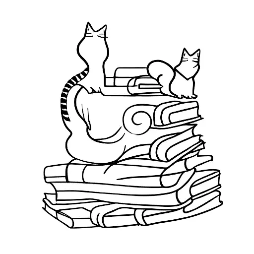 A minimalist tattoo of a cat sitting on a stack of books, symbolizing the client's passion for reading and mental health. tattoo design idea