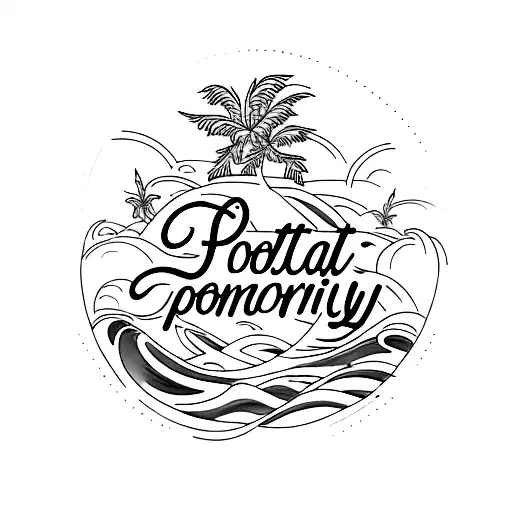 A minimalist tattoo of a beach scene with palm trees and waves, with the word 'polyamory' subtly incorporated into the design, representing the client's love for the beach and their relationship style. tattoo design idea
