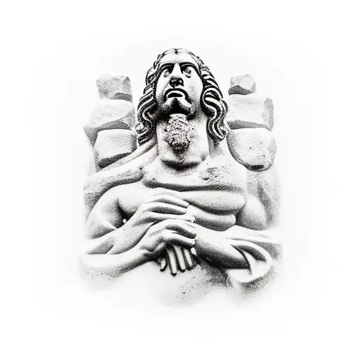 The philosopher was deep in thought sitting on a stone, behind the bloody battle tattoo design idea