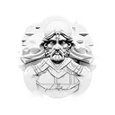 The philosopher was deep in thought sitting on a stone, behind the bloody battle tattoo design idea