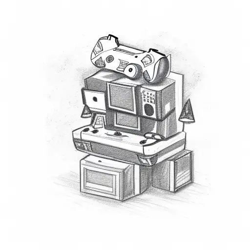 A whimsical sketch of a gamer sitting on a throne made of game consoles and controllers tattoo design idea