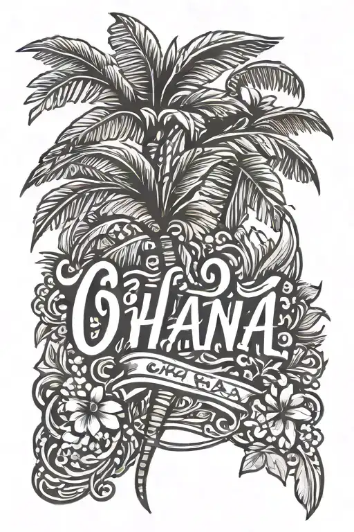 Word "Ohana" thin lines with a palm tree for an inner biceps tattoo design idea
