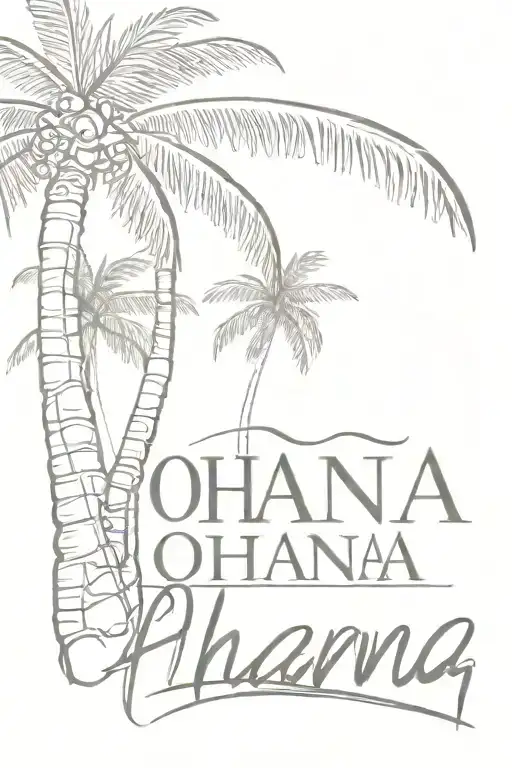 Word "Ohana" thin lines with a palm tree for an inner biceps tattoo design idea