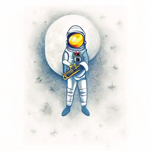 An astronaut playing a saxophone on a moonlit autumn night tattoo design idea