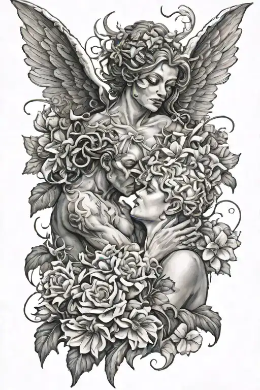 demon kissing angel in flowers tattoo design idea