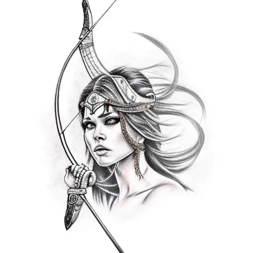 female warrior with bow and Arrow  tattoo design idea