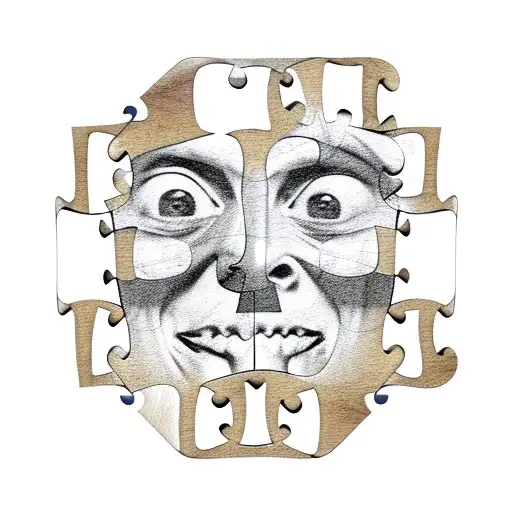 A jigsaw puzzle piece with a face of jigsaw the character from the saw movie franchise tattoo design idea