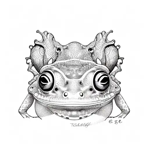 A detailed sketch of a Taino coqui frog with black-grey shading tattoo design idea