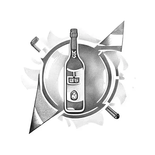 A blackwork tattoo of a wine bottle and a vinyl record tattoo design idea