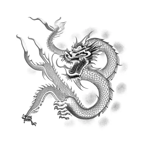 Chinese dragon with blue flowers tattoo design idea