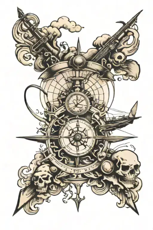 Gun Skull Angry Animal Ship  Anchor  Waves Watch Compass Mountains Airplane World map Beam balance Sun rays  tattoo design idea