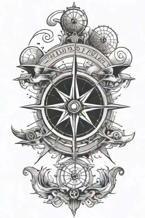 A black-grey tattoo of a compass rose with UFOs and aliens as the cardinal directions, symbolizing the client's love for travel and the unknown tattoo design idea