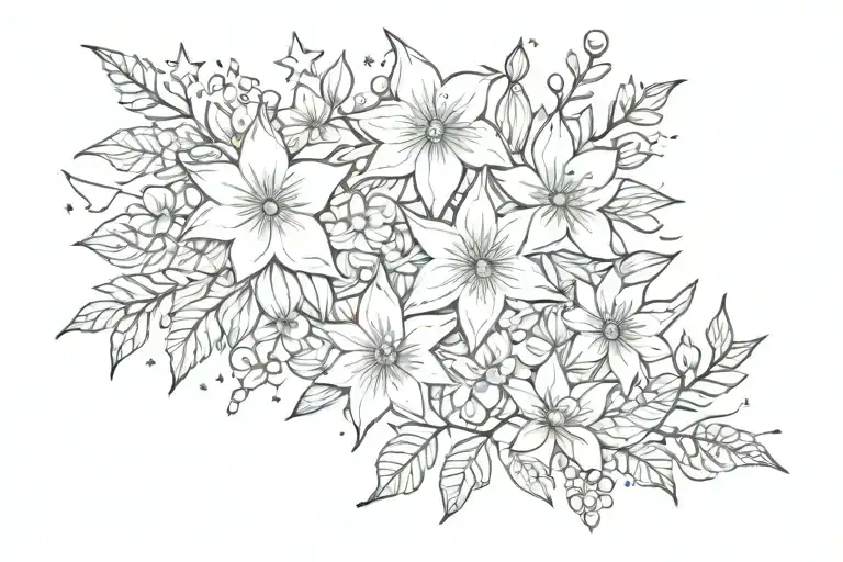  tramp stamp with minimalistic flowers and spikes and stars, mordern tramo stamp  tattoo design idea