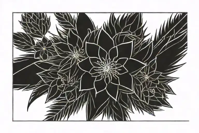 a long horizontal rectangular tramo stamp with minimalistic flowers and spikes and stars, mordern tramo stamp  tattoo design idea