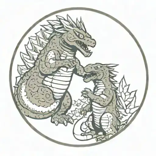 Godzilla and mothra circle shape tattoo design idea