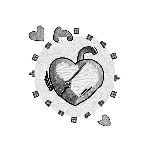 A black and grey heart tattoo with a jigsaw puzzle piece shape, containing a lock of hair and a hand reaching out, done in a blackwork style tattoo design idea