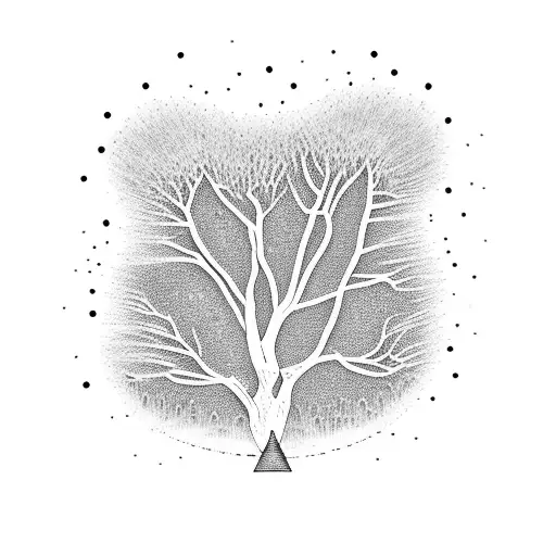 A dotwork design of a weeping willow tree made entirely of intricate constellations and stars tattoo design idea