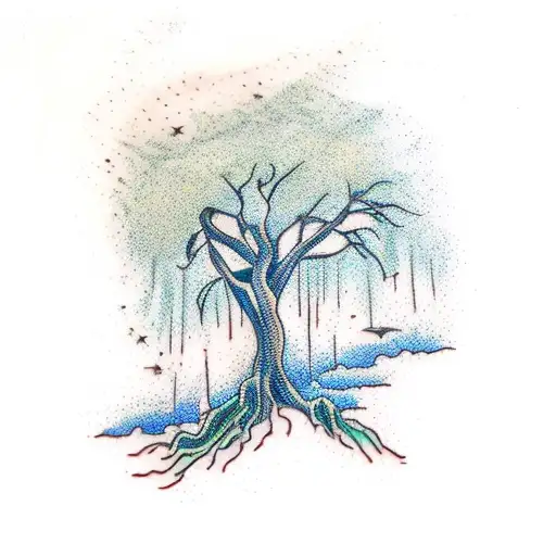 A majestic weeping willow tree with its branches reaching towards the stars tattoo design idea