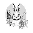 Zeynep's name in elegant script with a rabbit and pineapple silhouette tattoo design idea