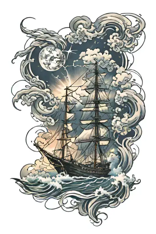 A arm sleeve. Portrait telling a story. Stormy night sky in a thunder storm. Three ships in the ocean under the stormy s tattoo design idea