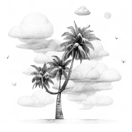 soft clouds with a soft palm tree on the right side tattoo design idea