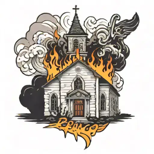 a burning church with the text "playbania" in the background tattoo design idea