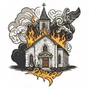 a burning church with the text "playbania" in the background tattoo design idea